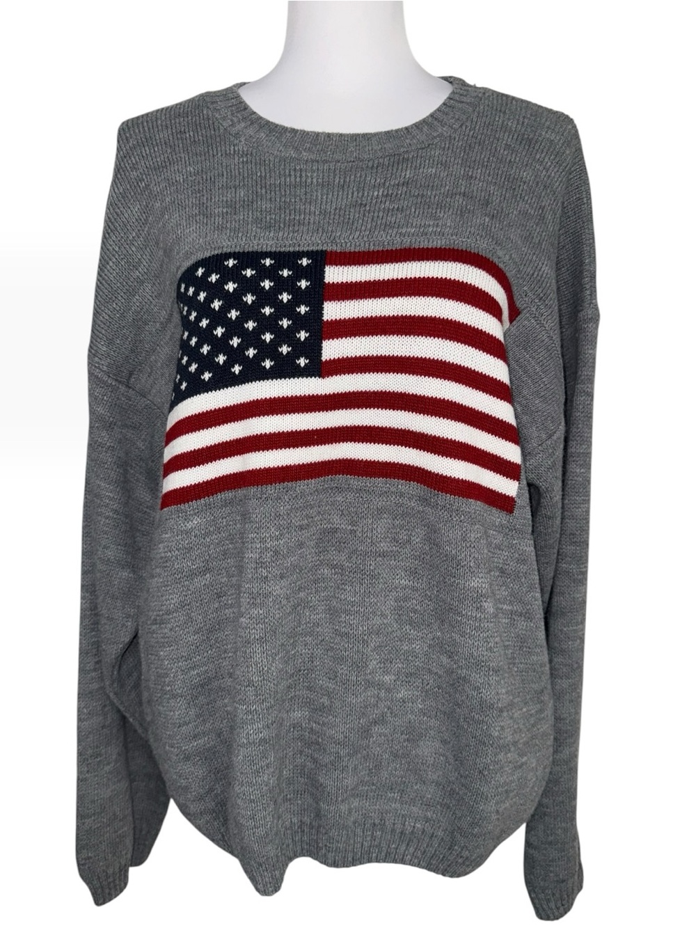 Faded Glory Gray American Flag Knit Sweater Medium 100% Acrylic